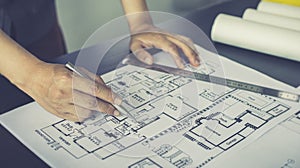 Architectural building design and construction plans with blueprints