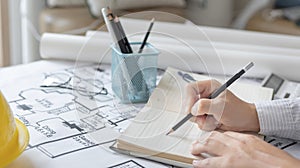 Architectural building design and construction plans with blueprints