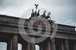 Architectural closeup of the Quadriga scuplture on the top of Brandenburg Gate in Berlin, Germany