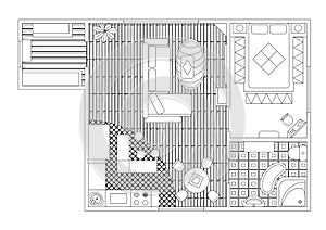 Architectural Color Floor Plan. Detailed apartment sketch top view. Studio Apartment With One Bedroom. Flat style vector