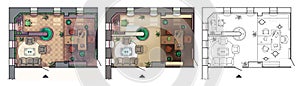 Architectural floor plan of interior working cabinet with furniture, modern office, in top view.