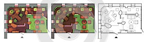 Architectural colorful floor plan of interior working cabinet, modern office, in top view