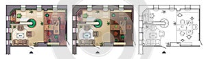 Architectural colorful floor plan of interior working cabinet, modern office, in top view