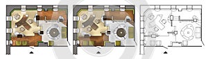 Architectural colorful floor plan of interior working cabinet, modern office, in top view.