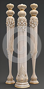 Architectural column, capital, stone and gold moldings, pommel. 3D render