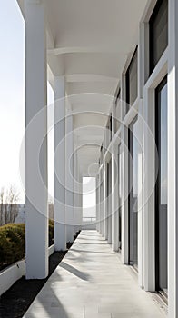 Architectural Corridor with White Columns and Bright Sunlight Creating Shadows