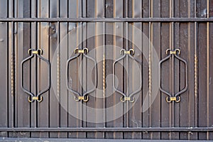 Architectural decorative exterior metal fence. Metal gates, forged pattern