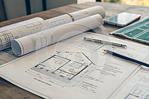 Architectural design blueprints with tools