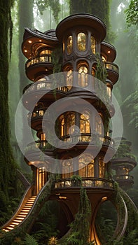 Illustration of a Sci-fi Art Nouveau style vertical village in a tropical rainforest (Generative AI) photo