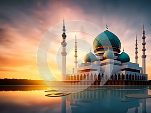Architectural design of muslim mosque ramadan concept with beautiful sunset