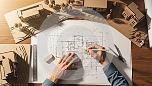 Architectural design process hands sketching blueprint model building construction planning
