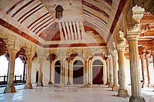 Architectural detail of Amber Fort in Jaipur, Rajasthan, India.