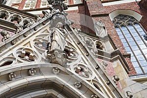 Architectural detail of the beautiful gothic church in Nysa located on the market square.