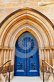 Architectural Detail, Blue Doors on Historic Sandstone Church, Sydney, Australia