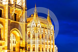 Architectural detail of the building of the Hungarian Parliament at night. Budapest, Hungary