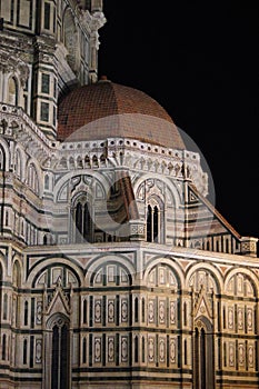 Architectural detail of Cathedral Santa Maria del Fiore at night, Florence, Italy