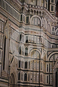 Architectural detail of Cathedral Santa Maria del Fiore at night, Florence, Italy