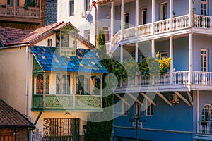 Architectural detail of colorful historical house facades, Tbilisi, Georgia