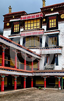 Architectural detail and colourful design inside Jokhang Temple in Lhasa, Tibet