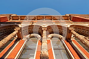 Architectural detail on the exterior of the Victoria and Albert Museum, on Exhibition Road, Kensington, London, UK.