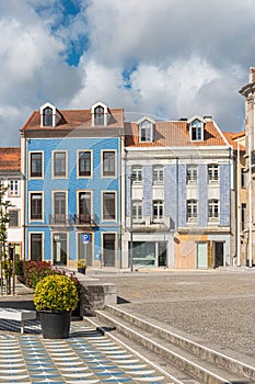 Architectural detail of the facade with ceramic tiles in Ovar, Aveiro, Portugal. Typical houses of the city