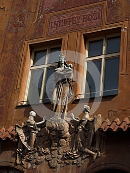 Architectural detail on the facade of the the Renaissance Town Hall, Republic Square Plzen Czech Republic