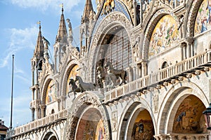 Architectural detail with the facade of Saint Marks Basilica in Venice, Italy