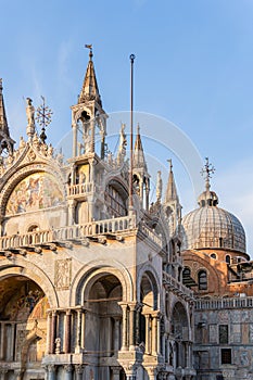 Architectural detail with the facade of Saint Marks Basilica in Venice, Italy