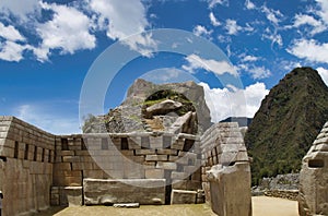 Architectural detail of an Inca stone house in the archaeological village of Machu Picchu in the Peruvian Andes
