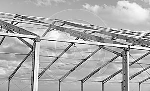 Architectural detail. Installation of metal structure outside. Metal construction. Structural design engineering. Structure