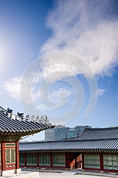 Architectural detail - Korean Tradition red wooden pole and outdoor stone wall, decoration brick wall and .cityscpae modern photo