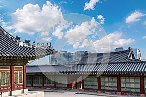 Architectural detail - Korean Tradition red wooden pole and outdoor stone wall, decoration brick wall and .cityscpae modern photo