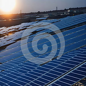 Architectural Detail of Metal Roofing on Commercial Construction Solar panels or Solar cells Over Factory, Blue Sky With Sun Rays