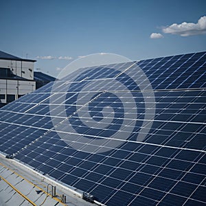 Architectural Detail of Metal Roofing on Commercial Construction Solar panels or Solar cells Over Factory, Blue Sky With Sun Rays