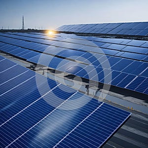 Architectural Detail of Metal Roofing on Commercial Construction Solar panels or Solar cells Over Factory, Blue Sky With Sun Rays