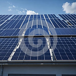 Architectural Detail of Metal Roofing on Commercial Construction Solar panels or Solar cells Over Factory, Blue Sky With Sun Rays