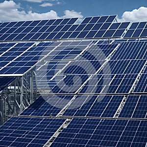 Architectural Detail of Metal Roofing on Commercial Construction Solar panels or Solar cells Over Factory, Blue Sky With Sun Rays