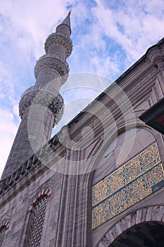 Architectural detail of one of the minarets of the Blue Mosque of Sultanahmed, in Istanbul, Turkey. Low angle view. photo