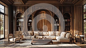 architectural detail, the ornate wood paneling on the arched wall brings elegance and tradition to the room, enhancing