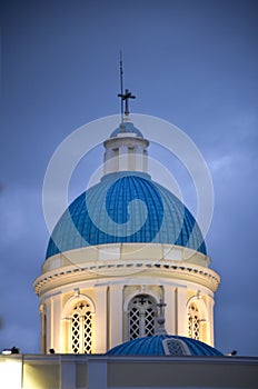 Architectural detail of St.Nikolaos church at night on Piraeus city in Greece