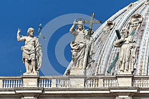 Architectural detail of St. Peter`s Basilica at Saint Peter`s Square, Vatican, Rome, Italy