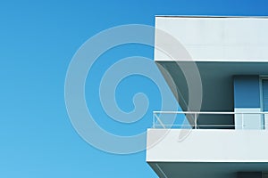 Architectural detail of white modern Mediterranean house in blue sky background. Minimal architecture building detail in