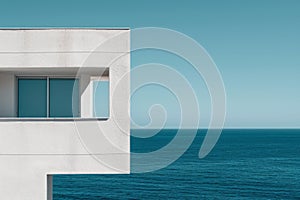 Architectural detail of white modern Mediterranean house over turquoise sea and blue sky background. Minimal