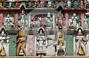 Architectural details of 200 year old hindu god balaji venkateswar temple Gopuram, the entrance