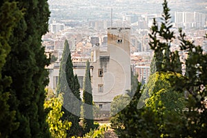 Architectural details of the Alhambra fortified palace complex and Granada city