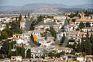 Architectural details of the Alhambra fortified palace complex and Granada city