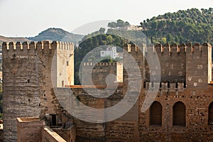 Architectural details of the Alhambra fortified palace complex and Granada city