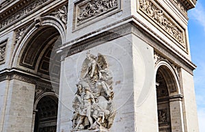 Architectural details of Arch of Triumph or Arc de Triomphe, Champs-Elysees in Paris France. April 2019