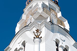 Architectural details of the building for believers. snow-white walls with mosaics