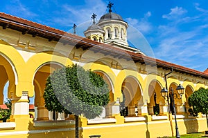 Architectural details of cathedral. View of church in Alba Iulia, Romania, 2021